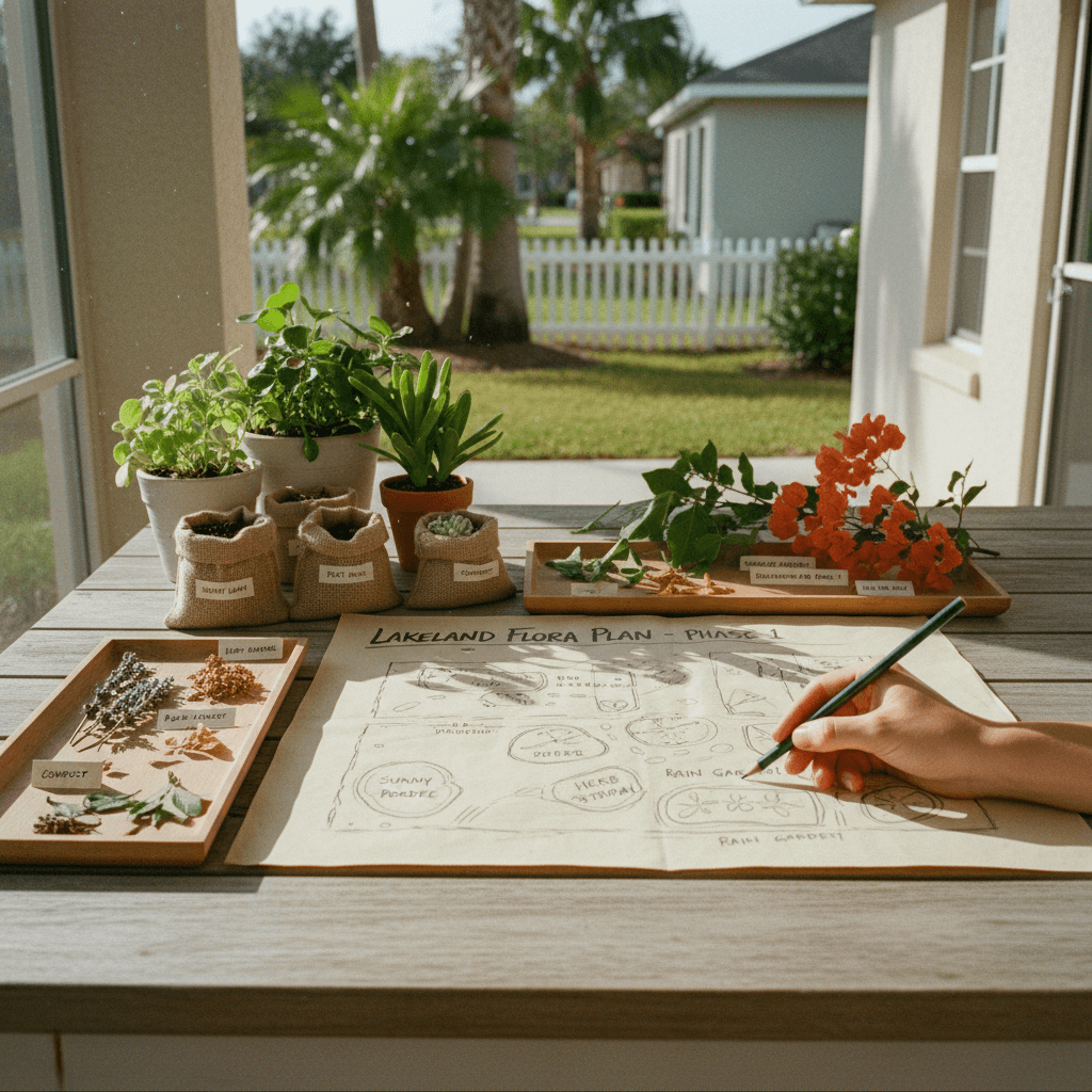 Garden bed design plan and plant samples for consultation