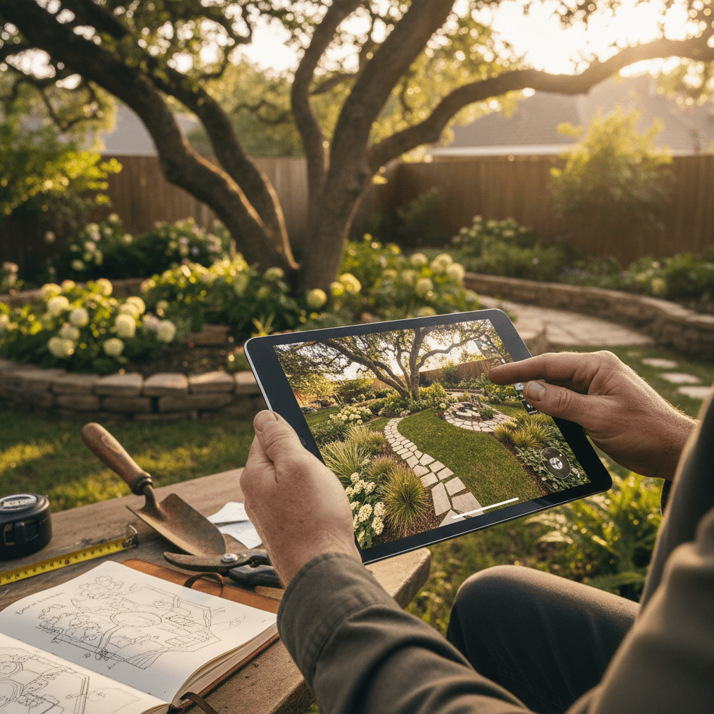 Landscape consultation with designer reviewing yard design on tablet