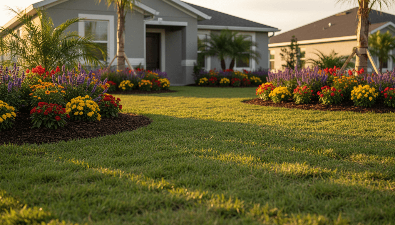 Completed residential landscape project in Lakeland with installed sod and garden beds