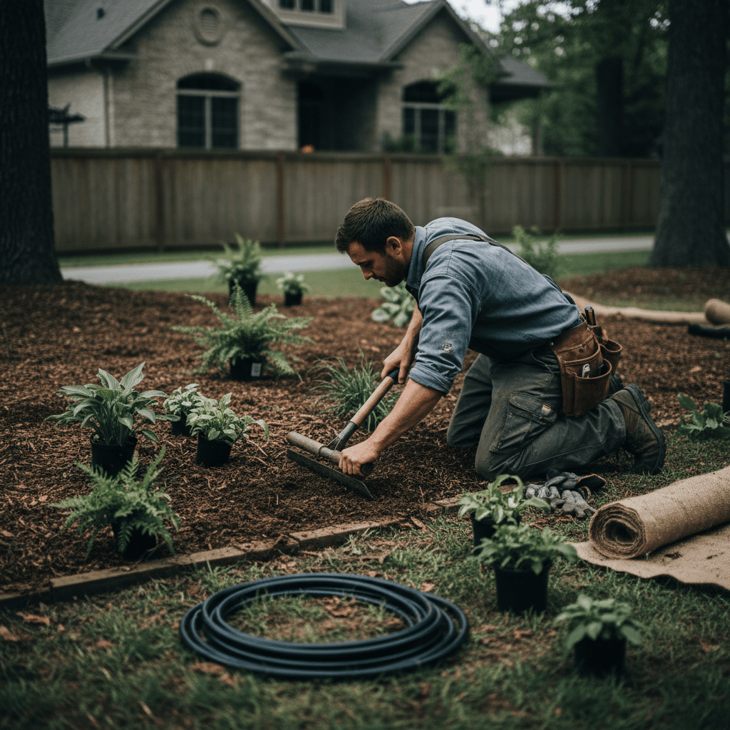 Landscape bed installation and edging work in progress