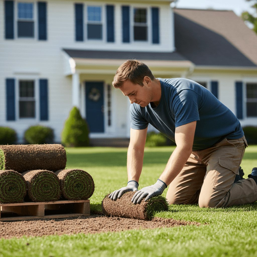 Landscaper installing sod on residential lawn