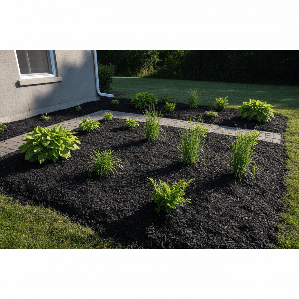 Completed mulch bed refresh with fresh dark mulch and landscape plants