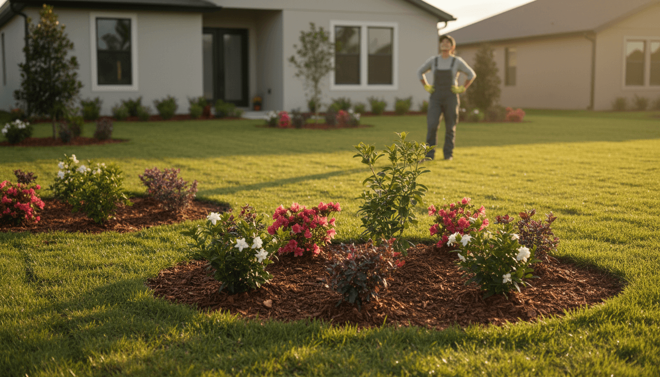 Homeowner admiring their newly installed sod and garden bed design in Lakeland