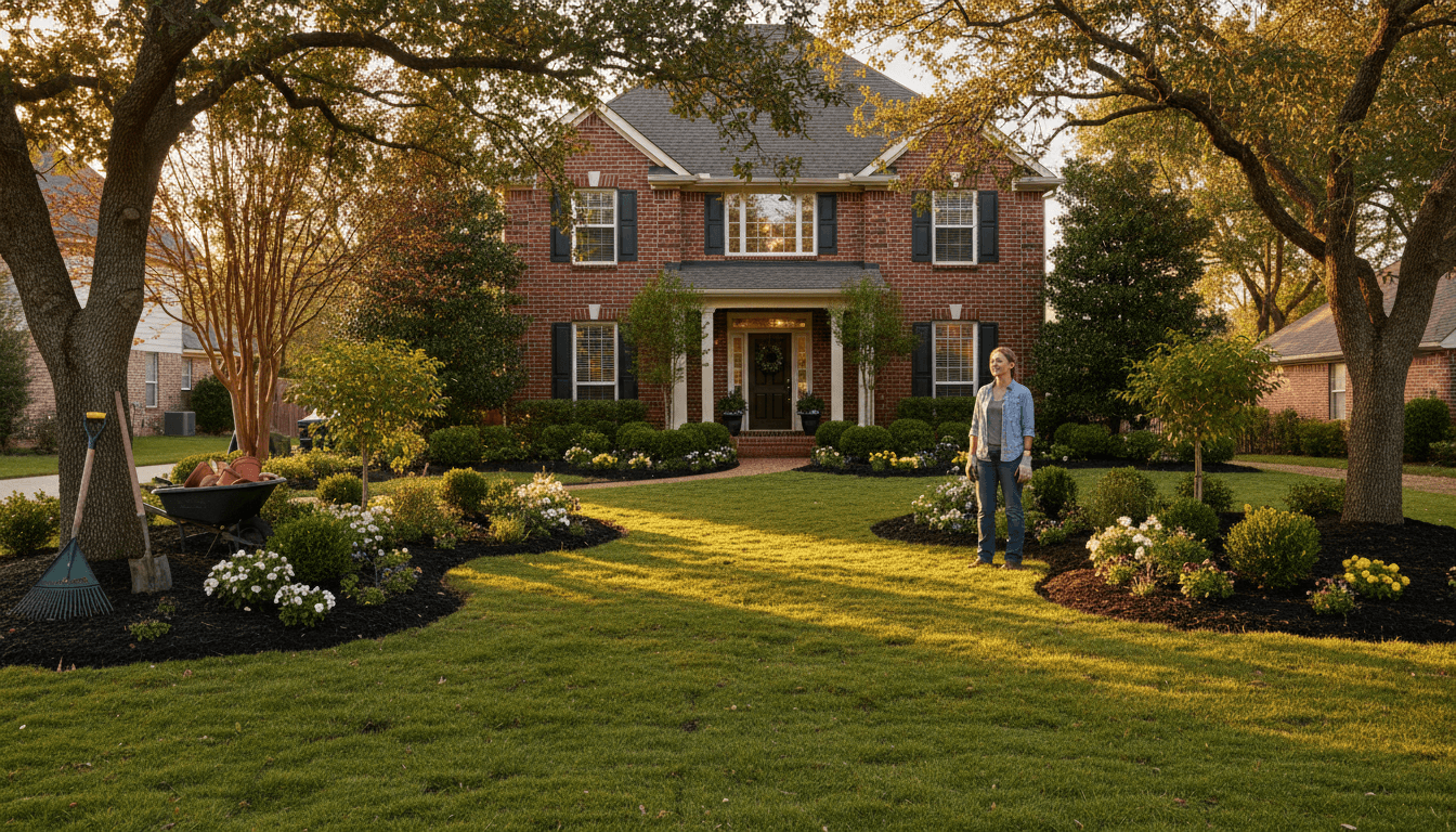 Beautiful residential yard with freshly installed sod and garden beds in Lakeland