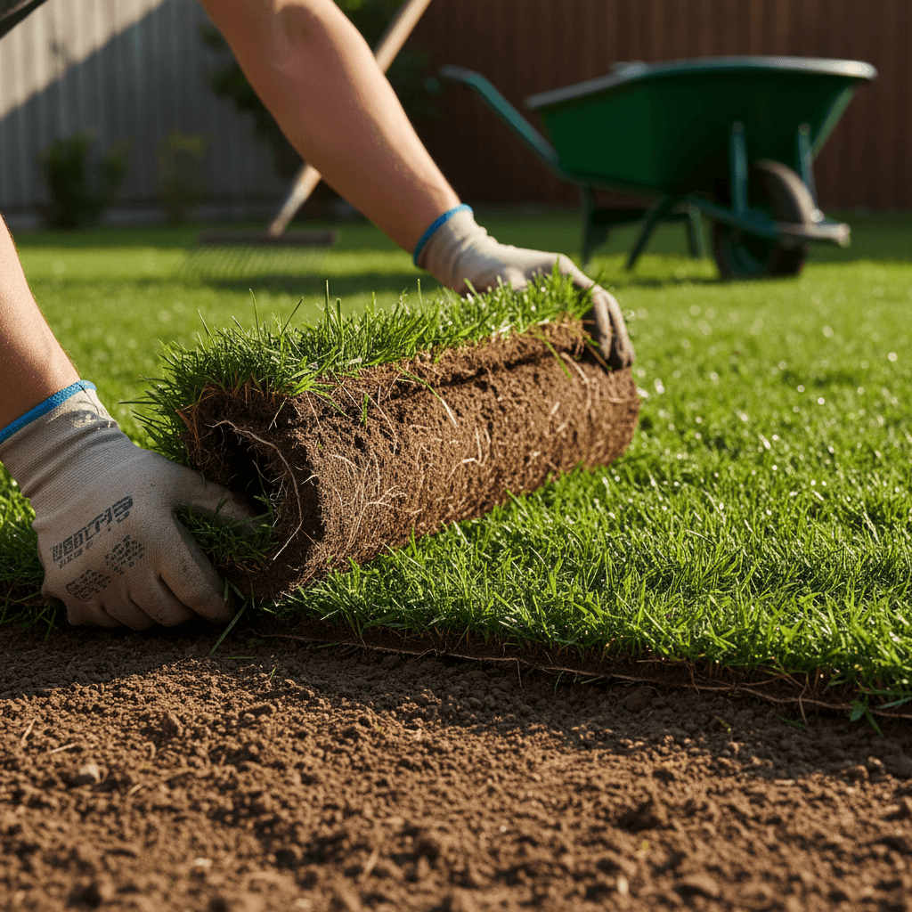Sod installation in progress on residential property